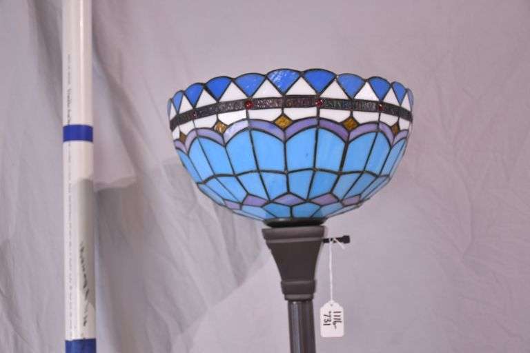 Tall metal floor lamp with blue stained glass shade; 1116-731