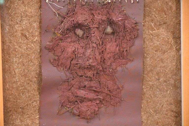 Pair of framed mixed media artworks "Man of Earth, Eyes of Stone"; 55-12218D