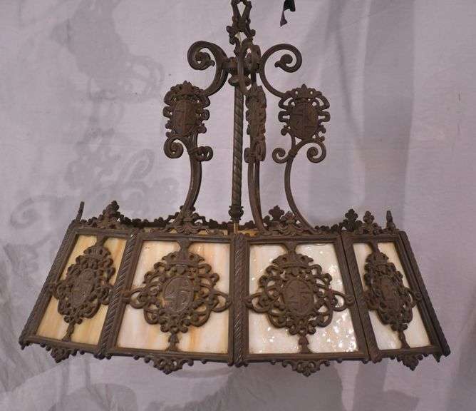 Vintage ornate iron and slag glass chandelier; 55-12295