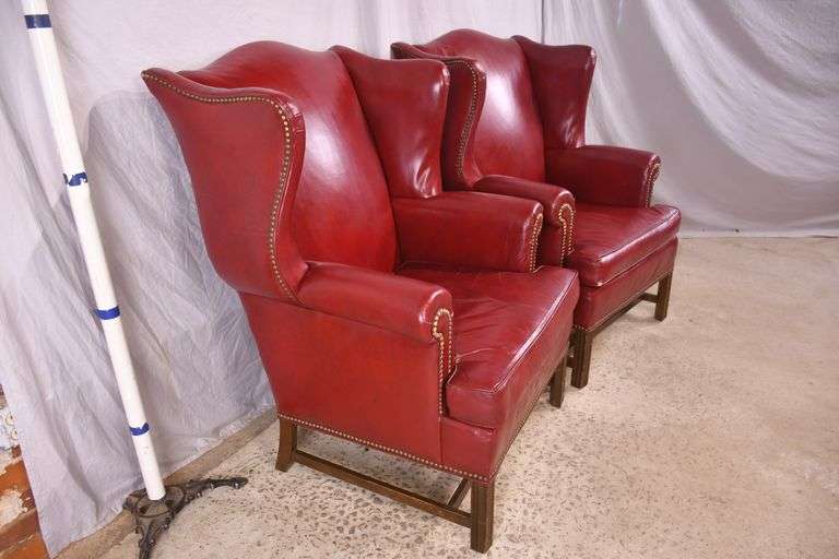 Pair of Ethan Allen red leather wingback armchairs; 74-12889