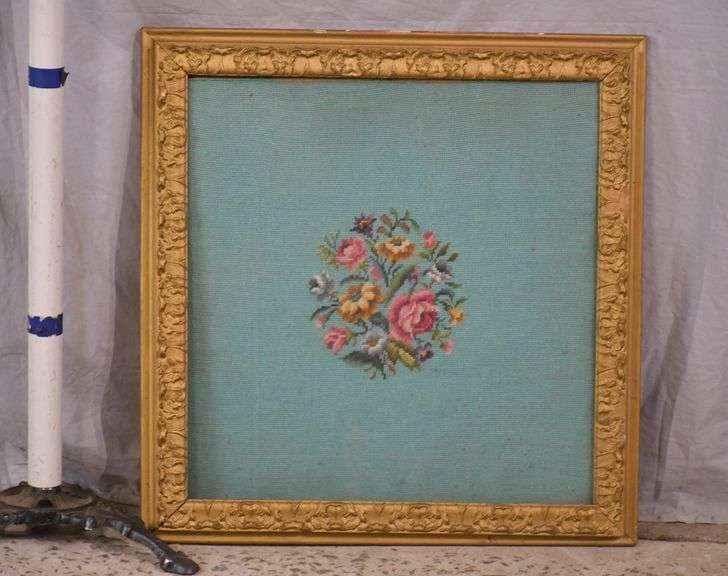 Framed floral needlepoint panel; 192-3105