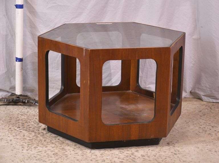 Mid-century style walnut hexagonal end table with tinted glass top; 55-12326