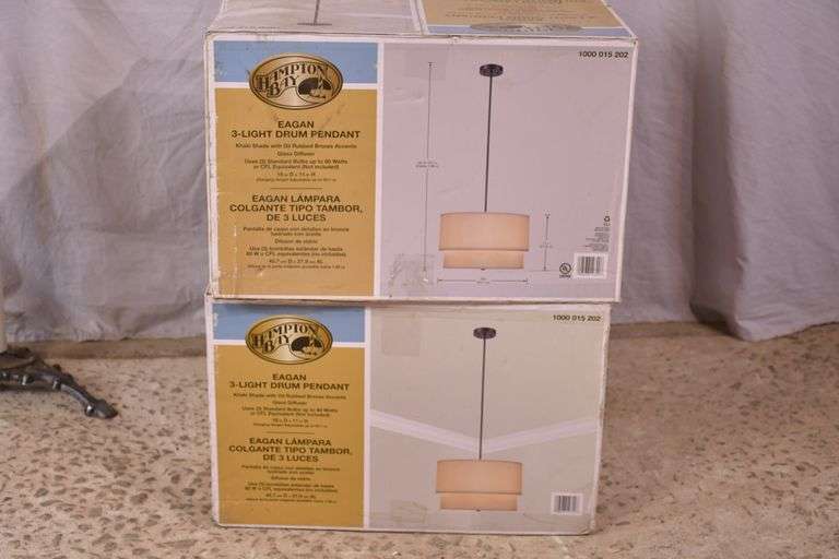 Pair of Hampton Bay "Eagan" 3-light drum pendant light fixtures; 336-4563+