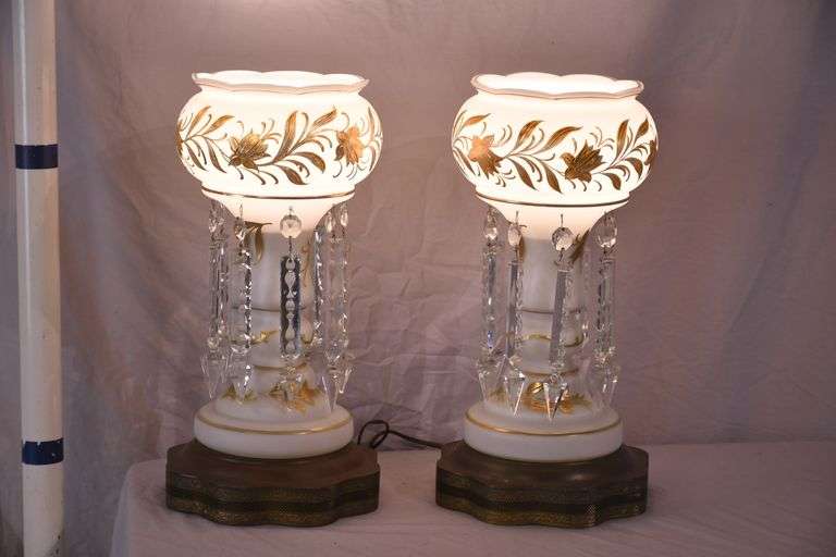 Pair of white and gold painted luster lamps with crystal prisms; 55-12198