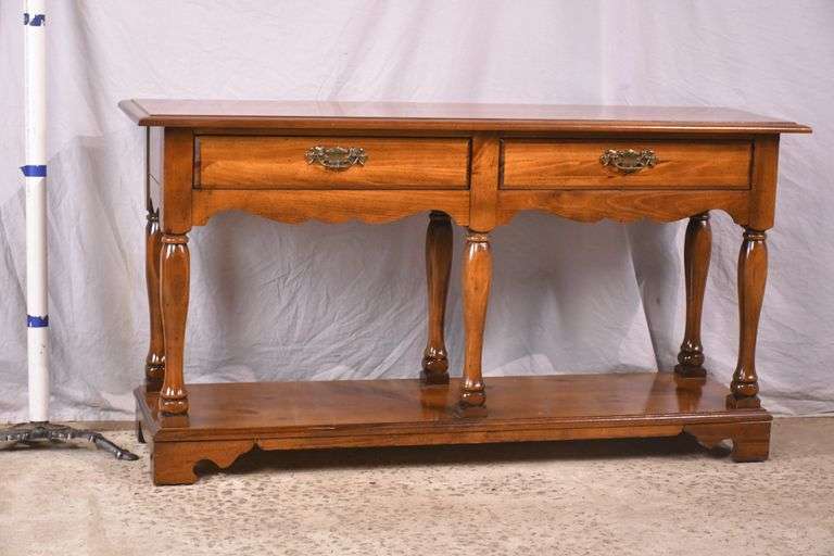 Pine 2 drawer two-tier console table with turned columns; 5038-003