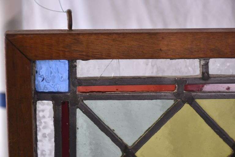 Stained glass panel with oak frame; 9485-118