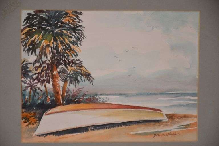 Framed watercolor of a boat on beach by Geri M. Davis; 9485-110