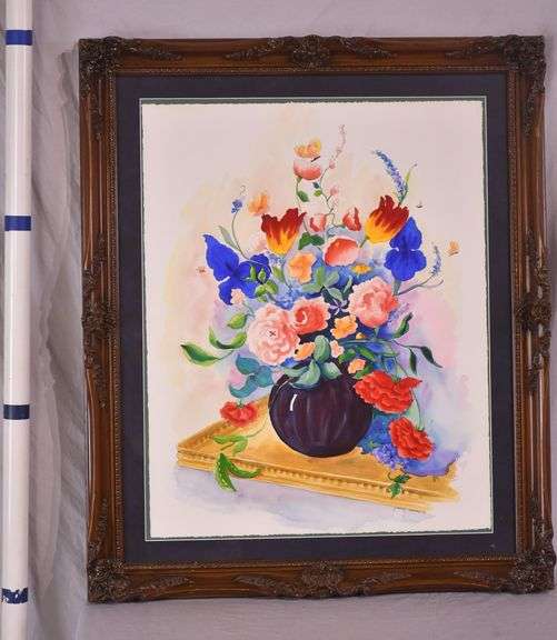 Large framed print of a floral watercolor by Nancy Cowan; 1037-1168