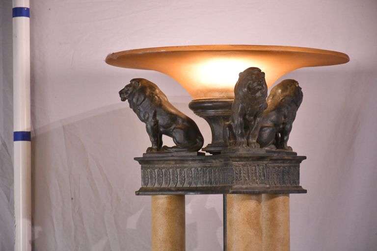 Large 3 column floor lamp with amber shade and lion figures on top; 74-12849