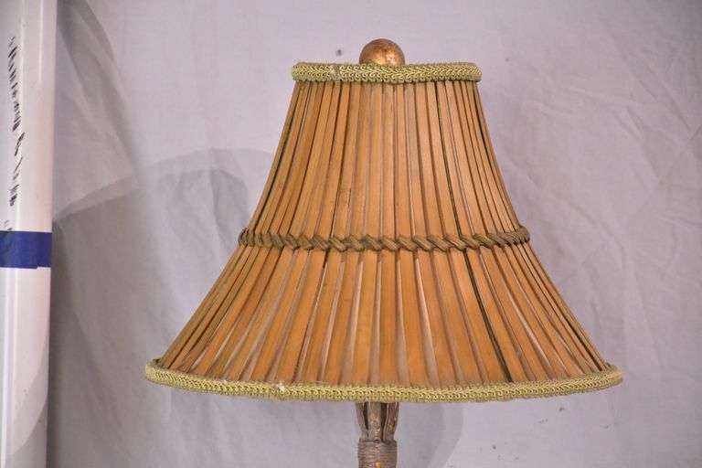 Gold metal palm lamp with split bamboo shade; 336-4566