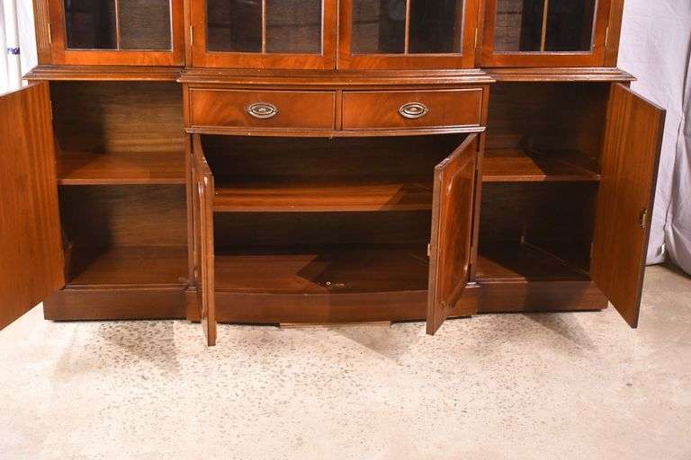 Crotch mahogany 2 part bowfront breakfront; 55-12189