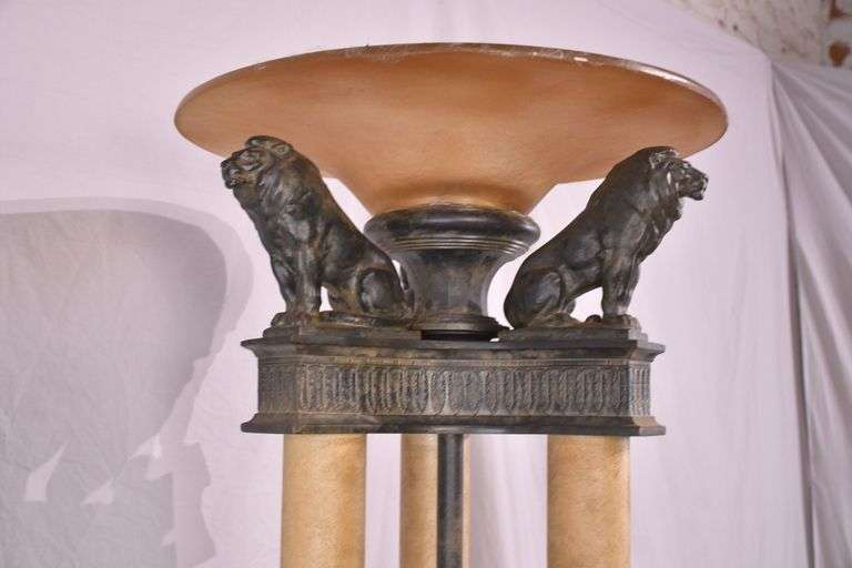 Large 3 column floor lamp with amber shade and lion figures on top; 74-12849