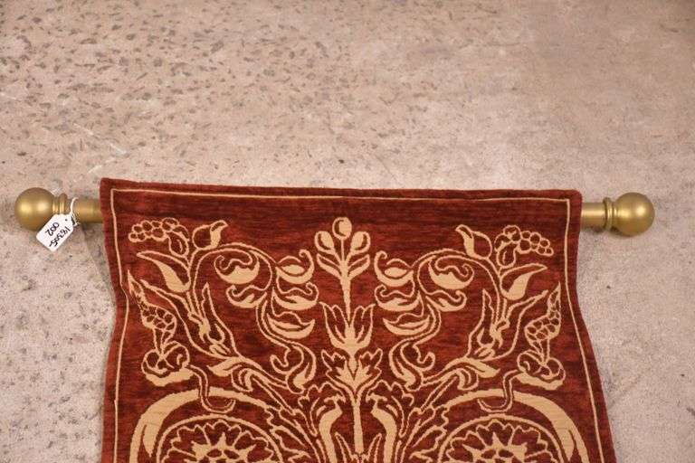 Narrow red and gold hanging tapestry with gold hanging bar; 18305-002