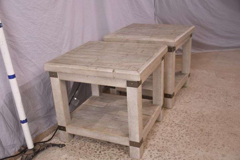 Pair of distressed two-tier side tables with built-in power strips; 1153-093
