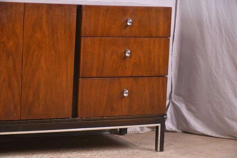 American of Martinsville walnut mid-century style triple dresser with fitted interior; 55-12346B
