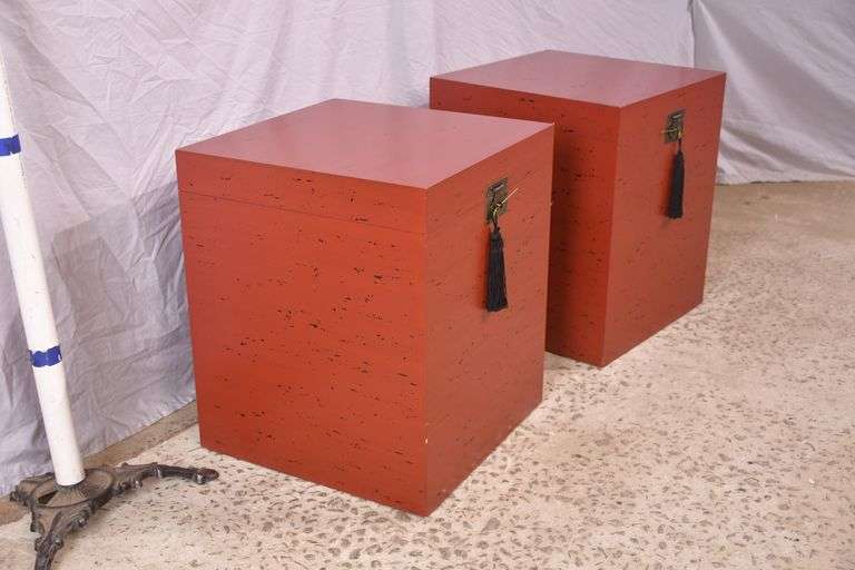 Pair of distressed red Oriental style lift-top boxes; 1152-103