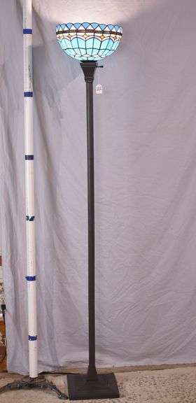 Tall metal floor lamp with blue stained glass shade; 1116-731