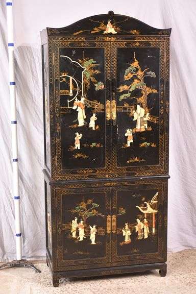 Black and gold Oriental decorated 2 part armoire with fitted interior; 55-12157