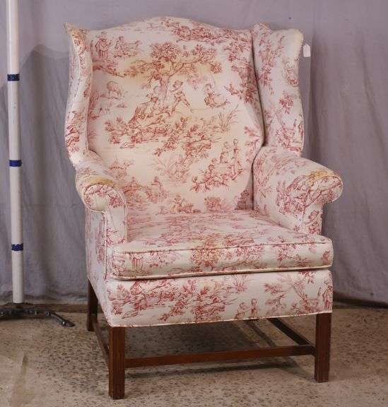 Chippendale style wingback armchair with toile fabric; 44-477