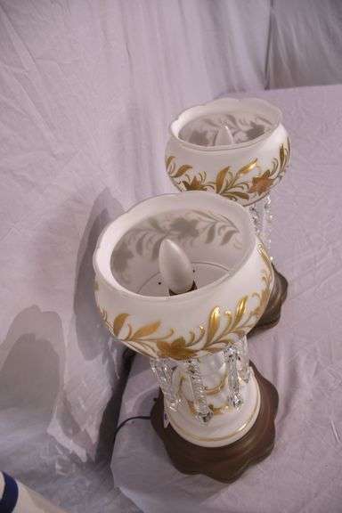 Pair of white and gold painted luster lamps with crystal prisms; 55-12198