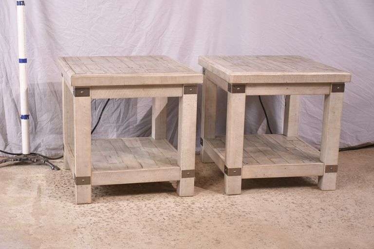 Pair of distressed two-tier side tables with built-in power strips; 1153-093