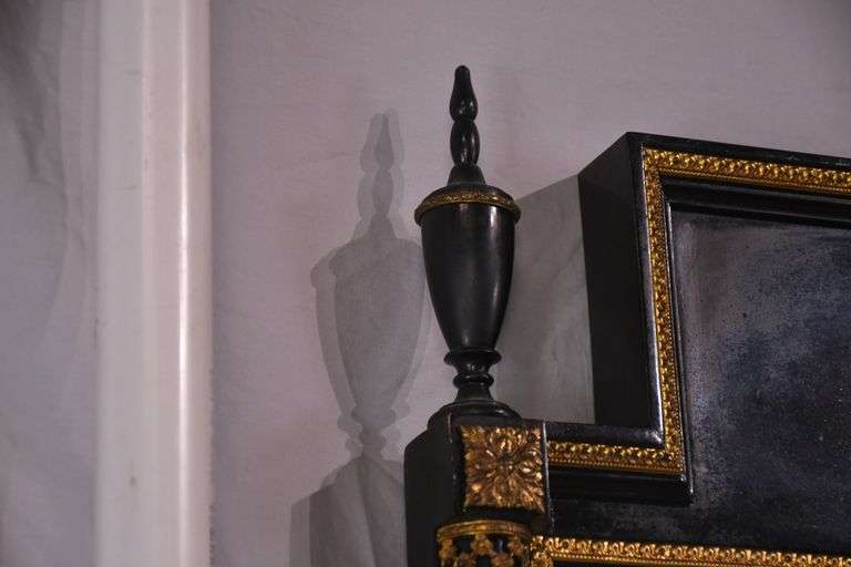 Black and gold mirror with low marble top console table; 55-12187