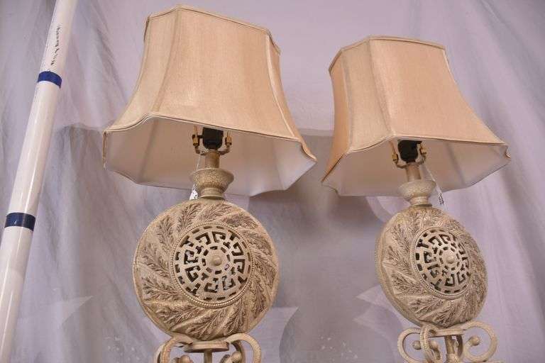 Pair of ornate off-white crackle finish lamps with shades; 5038-002
