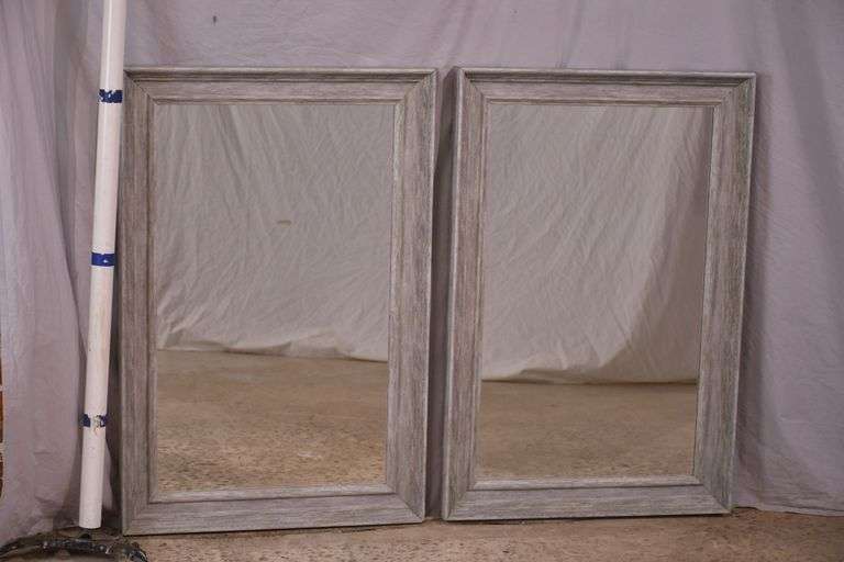 Pair of mirrors with distressed light gray frames; 336-4567