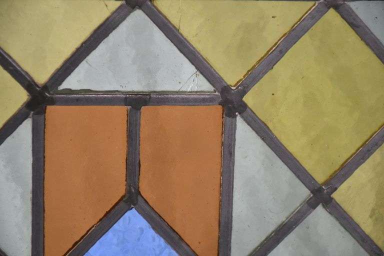 Stained glass panel with oak frame; 9485-118