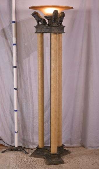Large 3 column floor lamp with amber shade and lion figures on top; 74-12849