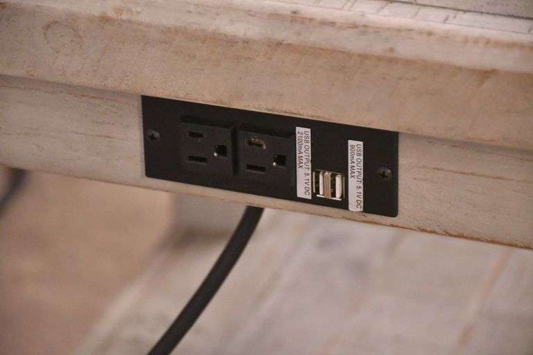 Pair of distressed two-tier side tables with built-in power strips; 1153-093