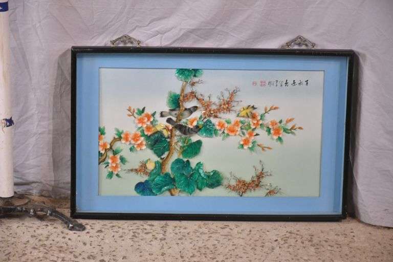Oriental style shell artwork of birds and branches in shadowbox style frame; 55-12220
