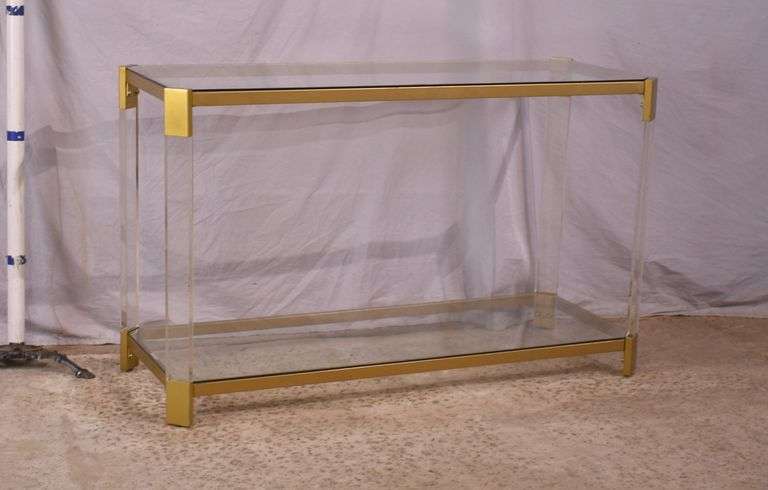Lucite and gold metal console table with glass top and shelf; 74-12880