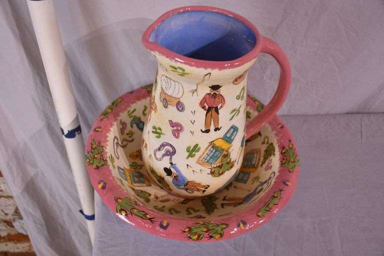 Ceramic pitcher and bowl with southwestern scene designs; 74-12903G