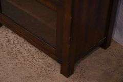 Pottery Barn distressed entertainment credenza with 2 drop-front drawers and 2 glass doors; 55-12263