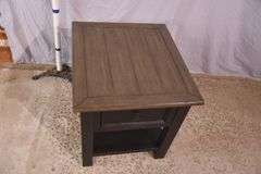 Black two-tier single drawer end table with gray top; 14435-016