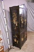 Black and gold Oriental decorated 2 part armoire with fitted interior; 55-12157