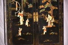 Black and gold Oriental decorated 2 part armoire with fitted interior; 55-12157
