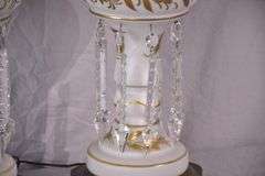 Pair of white and gold painted luster lamps with crystal prisms; 55-12198