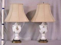 Pair of floral decorated white glass lamps with shades; 55-12279