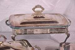 Group of 3 silverplate casserole dishes with Pyrex glass inserts; 74-12881A
