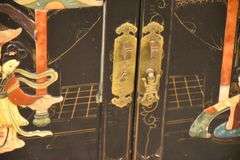 Black and gold Oriental decorated 2 door dresser with fitted interior; 55-12177