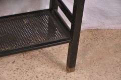Black Oriental style two-tier console table with cane shelf; 55-12317
