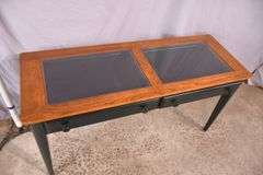 Green 2 drawer display sofa table with oak top and beveled glass inserts; 5038-005