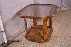 Rattan mid-century style side table with tinted glass top; 336-4573