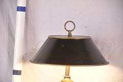 Gold metal lamp with black metal shade; 55-12201A