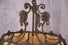Vintage ornate iron and slag glass chandelier; 55-12295