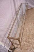 Narrow metal two-tier console table with beveled glass top and shelf; 396-1388