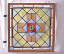 Stained glass panel with oak frame; 9485-118