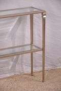 Narrow metal two-tier console table with beveled glass top and shelf; 396-1388